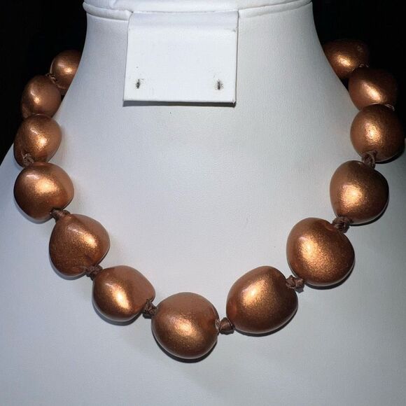 Vintage Bronze Painted Wooden Bead Necklace on Silk Ribbon - Picture 3 of 6